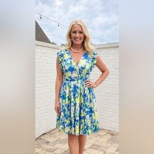 Taylor Blue and Yellow Floral Mini Dress Size M